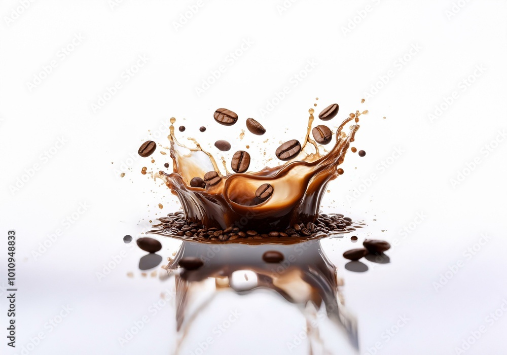 Poster coffee beans splash into a pool of brown liquid, creating a dramatic crown of droplets.