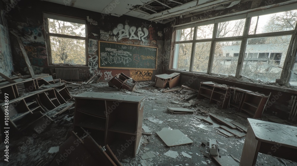 Poster Abandoned classroom with debris and graffiti, evoking decay and neglect.