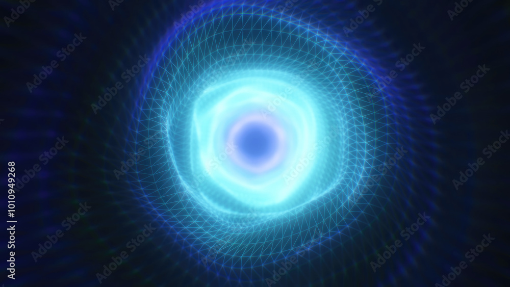Poster a glowing blue vortex with geometric wireframe patterns converging toward the center, creating a fut