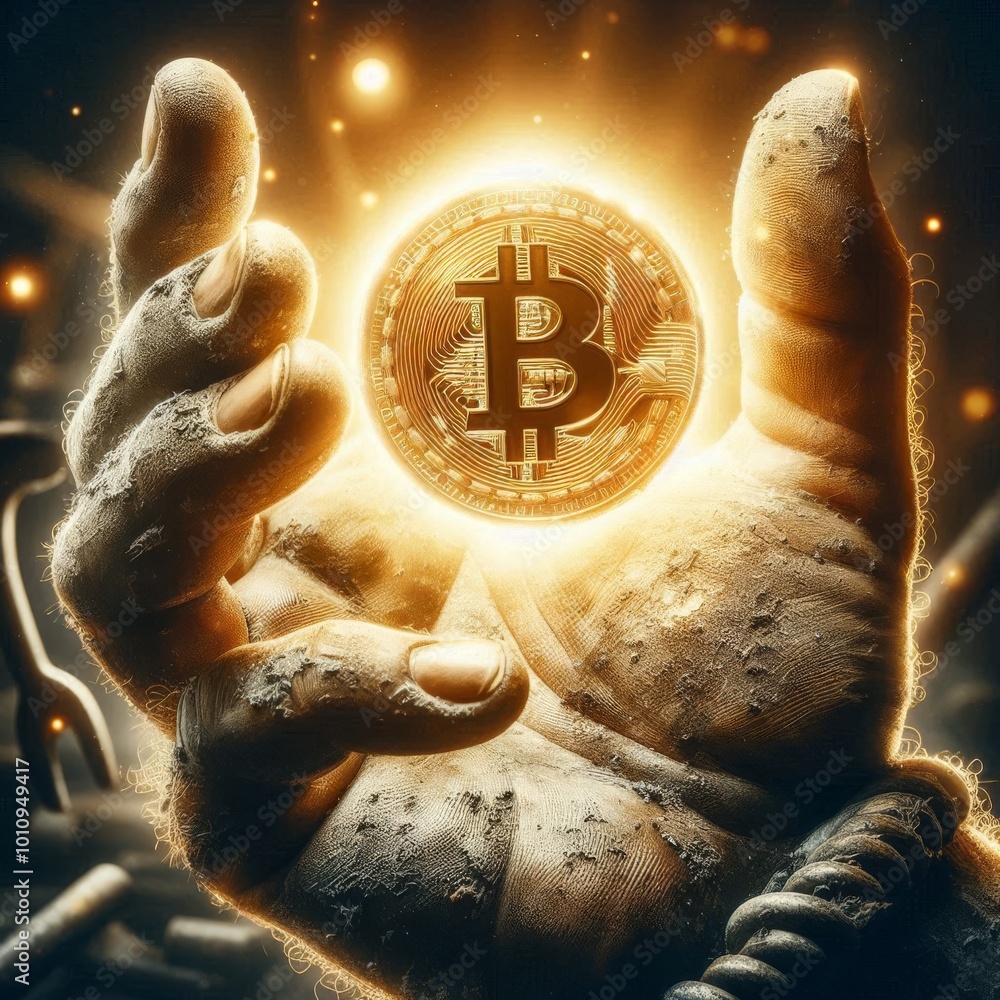 Poster a close-up view of a hand grasping a glowing bitcoin symbol, illuminated in a futuristic environment