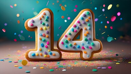 Naklejka premium Decorated cookie, number 14, illustration for birthday or anniversary celebration