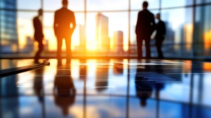 Silhouetted figures in a modern office at sunset, symbolizing business and collaboration.