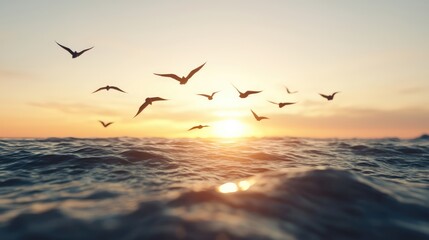 Obraz premium Majestic Flock of Birds Over Oil-Slicked Ocean at Toxic Sunset - High Resolution 8K Photorealistic Image