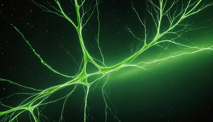 Abstract brain connections, neural connections, artificial intelligence glow aurora art, biology visualized in green