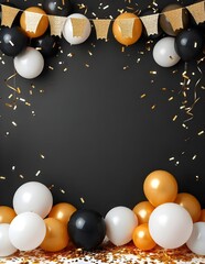 black and golden balloons and confetti background with copy space for festive gender reveal party or baby shower backdrop