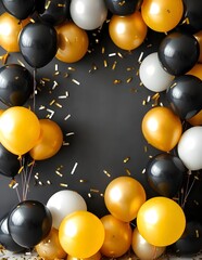 black and golden balloons and confetti background with copy space for festive gender reveal party or baby shower backdrop