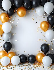 black and golden balloons and confetti background with copy space for festive gender reveal party or baby shower backdrop