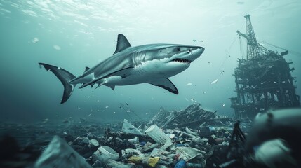 Fototapeta premium Majestic Photorealistic Shark near Abandoned Oil Rig in Polluted Ocean Surrounded by Floating Plastic Debris - High Resolution 8K