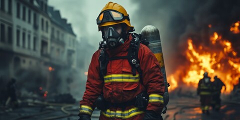 Naklejka premium Firefighter Approaching Burning House with Intense Flames and Smoke