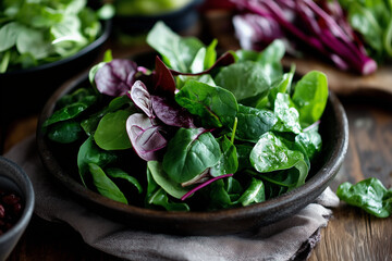 a photo of a selection of tasty salad greens lying on a rustic pale oak dining table