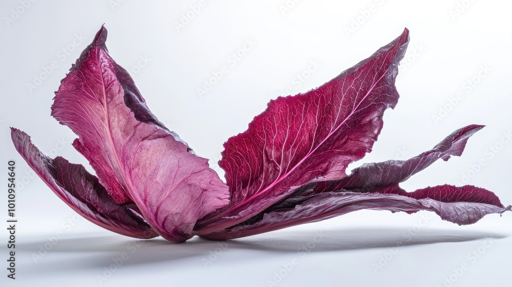 Wall mural A vibrant red leaf of lettuce displayed artistically against a light background.