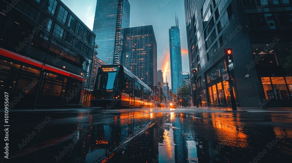 Sticker A cityscape at dusk with reflections on wet streets and a tram in motion.