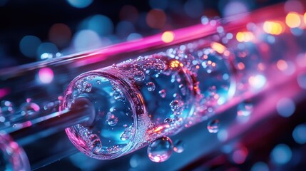 Vibrant Neon Abstract with Bubbles and Light Reflections in a Futuristic Setting