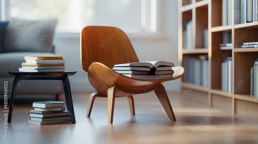 Poster A cozy reading nook with a wooden chair, stacked books, and a side table in a bright room.