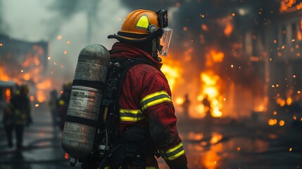 Fototapeta premium Firefighter Approaching Burning House with Intense Flames and Smoke