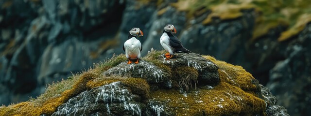 Wildlife Photo of Puffins Sitting on a Mossy Rock