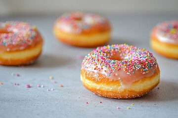 Colorful doughnuts with sprinkles and a glossy glaze on top, on a grey table. 