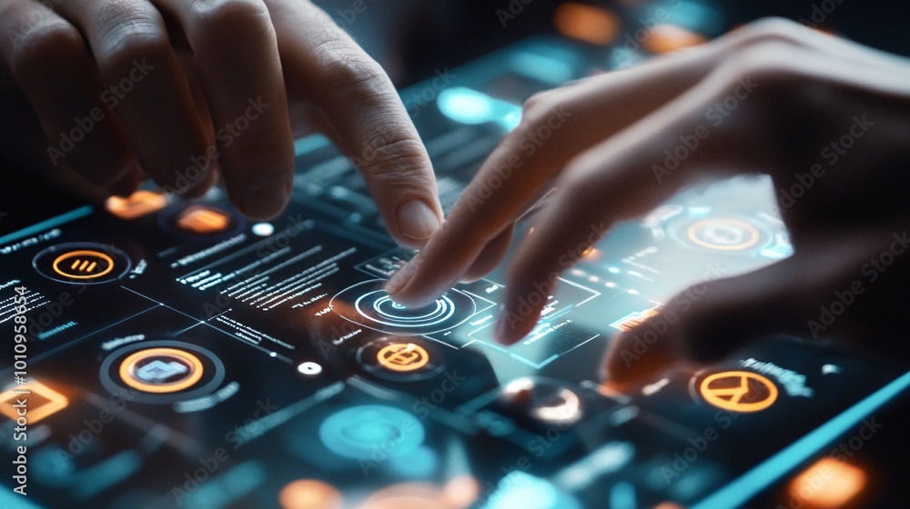 Poster hands interacting with touchscreen display interface