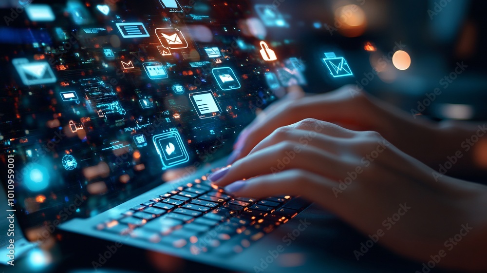 Poster hands typing on keyboard with holographic interface