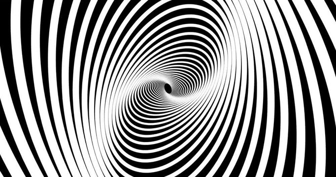 Moving hypnotic spiral. Psychedelic animated spiral and slow rotation. Black and white background with hypnotic expanding collapsing spiral. Seamless loop. 