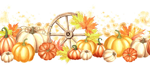 Pumpkins and maple leaves. Autumn wavy seamless border. Fall repeat pattern to Thanksgiving or Halloween. Hand drawn watercolor illustration isolated Template for wrapping paper, stationary, postcard.