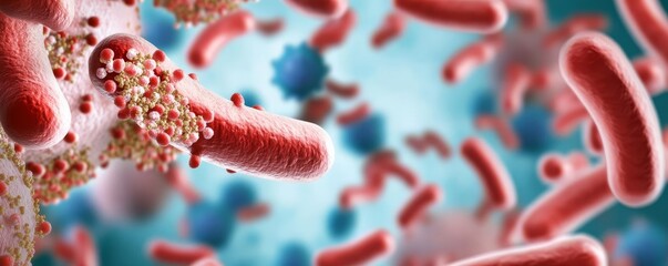 Fototapeta premium Antibiotic impact on bacterial cell walls, molecular breakdown, 3D rendering