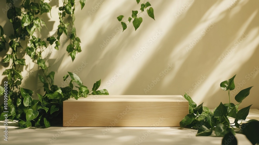 Canvas Prints A minimalist wooden display surrounded by greenery and soft shadows.