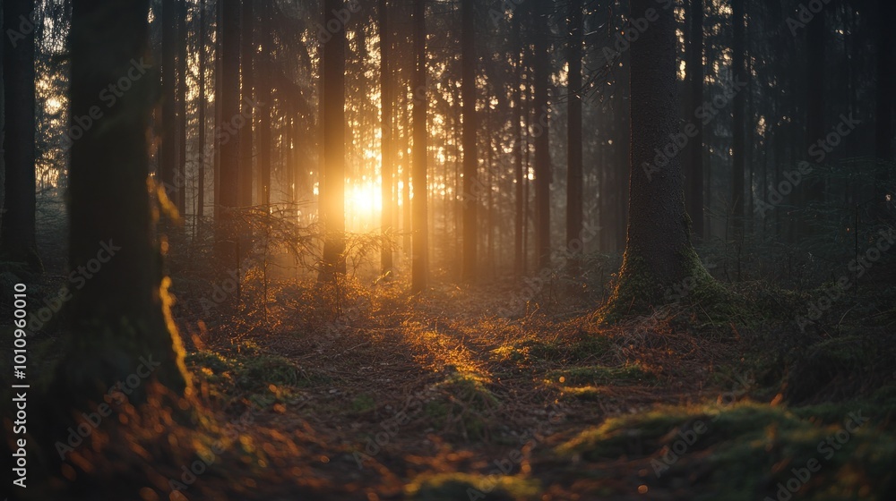 Wall mural A serene forest scene with sunlight filtering through trees, creating a peaceful atmosphere.