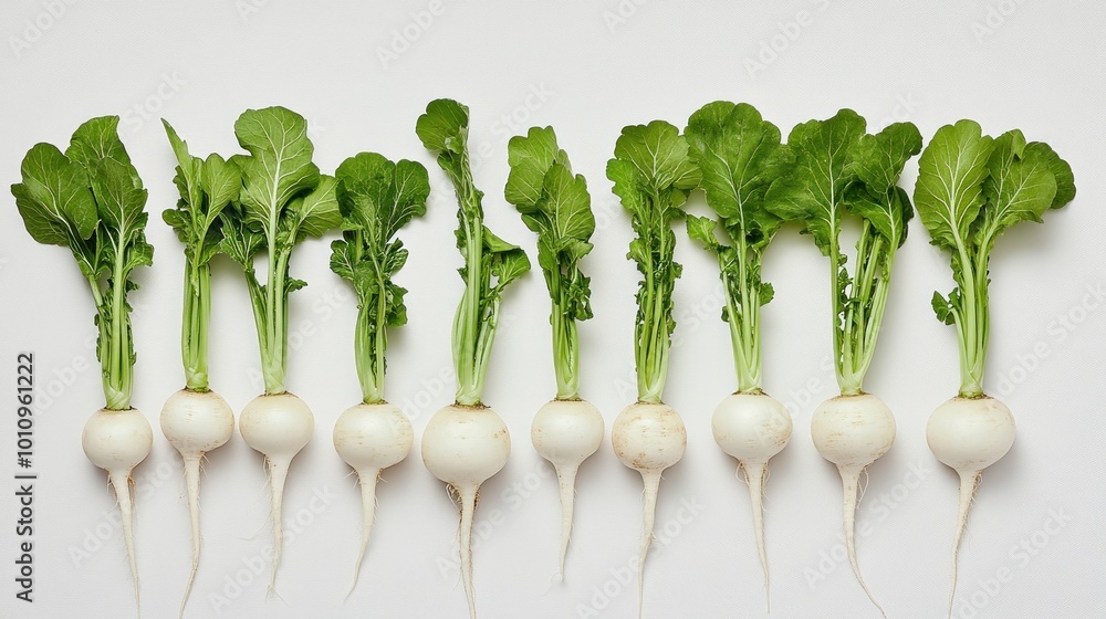 Sticker A row of fresh white radishes with green tops arranged on a white background.