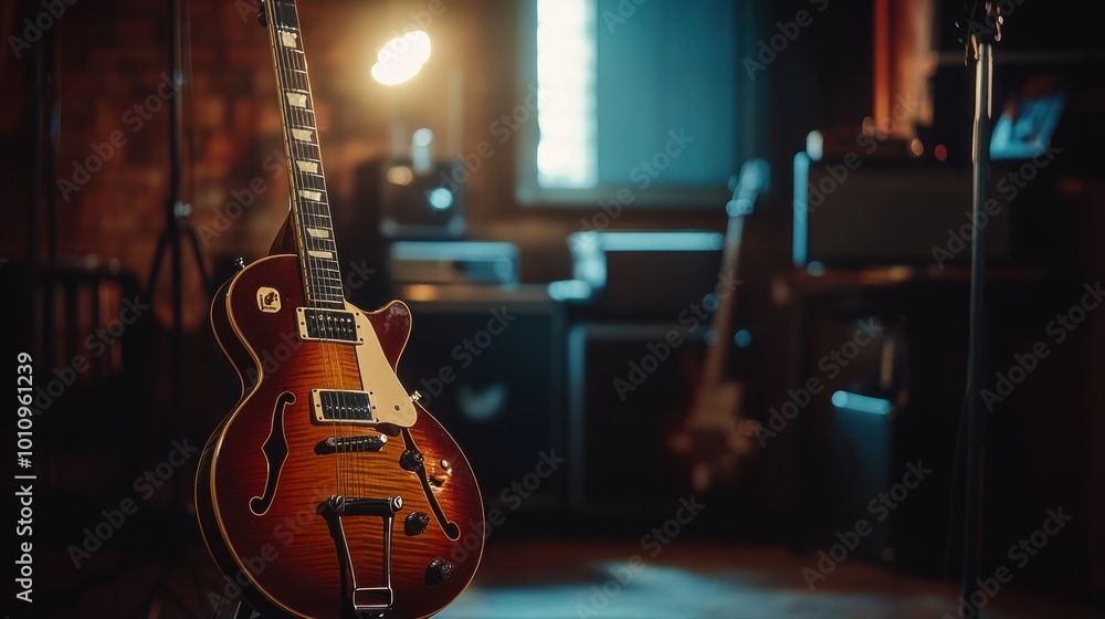 Wall mural A close-up of a guitar in a cozy music studio setting with amplifiers in the background.