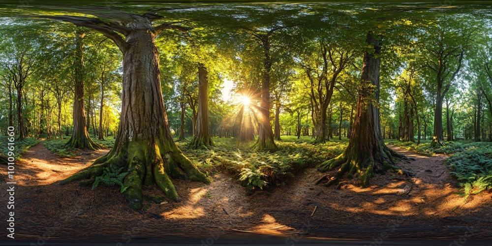 Poster A panoramic view of a lush forest with tall trees and a dirt path winding through the undergrowth. Sunlight streams through the canopy, casting long shadows on the forest floor.