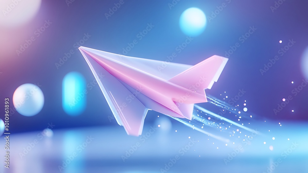 Aufkleber a pink and white paper airplane soars through the air with speed lines and bokeh in the background.