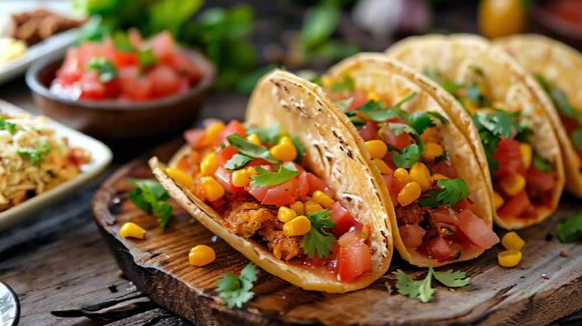 Colorful Tacos Filled With Vegetables, Meat, Corn, And Fresh Herbs, Served On Wooden Board. Traditional Mexican Cuisine