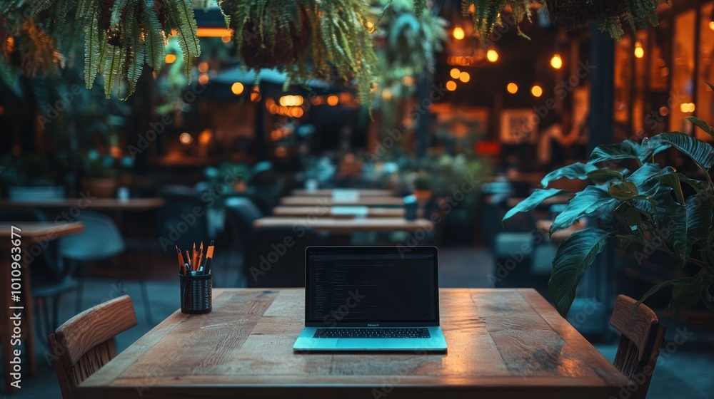 Canvas Prints A serene caf? setting with a laptop on a wooden table surrounded by plants and warm lighting.