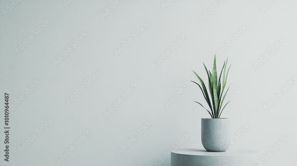 Sticker A minimalist arrangement featuring a potted plant on a simple pedestal against a light background.