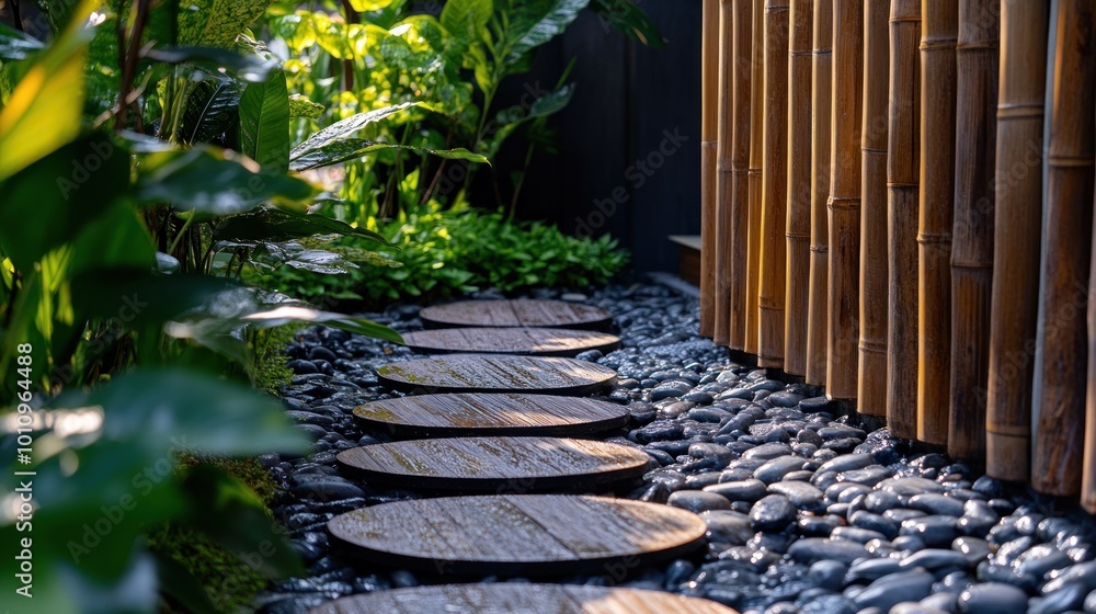 Wall mural A serene pathway with wooden stones surrounded by lush greenery and bamboo.