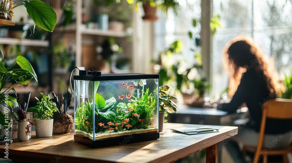 Sticker A cozy indoor scene featuring a vibrant fish tank and a person working at a desk.