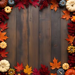 autumn leaves and pumpkins on wooden background