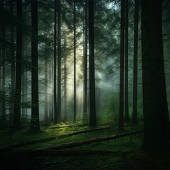 Obraz premium Mysterious forest with mist and glowing light