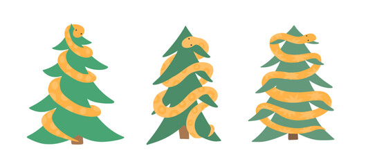 Obraz premium Vector set of New Year illustrations in flat style. Cartoon snake - symbol of 2025 year on Christmas tree. Template for greeting card