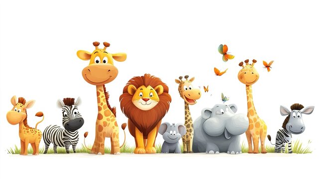 Set of African wild animals in cartoon style, including elephants, zebras, and lions, isolated on white