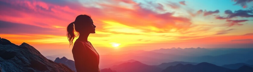 Naklejka premium Silhouette of a Woman Admiring a Vibrant Sunset Over Mountainous Landscape with Colorful Sky and Clouds