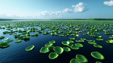 Cyanobacteria blooms in lakes, environmental impact, 3D illustration