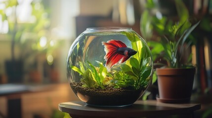 A vibrant betta fish swims in a lush aquarium surrounded by greenery.