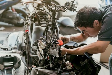 Motorcycle mechanic repairing bike at garage ,Checking and removing damaged motorcycle parts ...