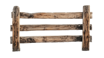 Split rail old rustic wooden fence  isolated on transparent background, , clipping paths for design and decoration