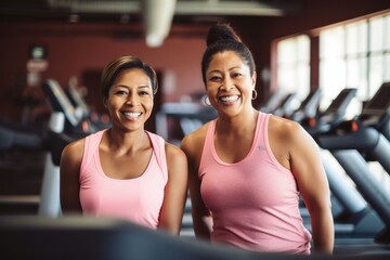 Fototapeta premium Two women in pink tops pose happily in a vibrant gym, their enthusiasm reflecting a shared journey of fitness and well-being.