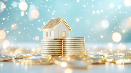 A small white house with a golden roof sits atop a stack of gold coins against a shimmering blue and gold background.