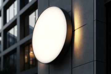 a circular blank white sign hanging on the side of a building