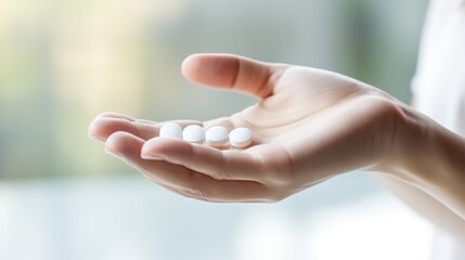 Obraz premium A hand gracefully holds white pills, symbolizing health and wellness in a serene, softly lit setting.